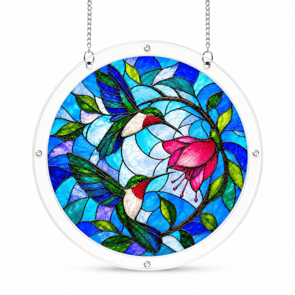 Round hummingbird flower acrylic puzzle suncatcher with clear frame and silver hanging chain on white background