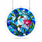 Round hummingbird flower acrylic puzzle suncatcher with clear frame and silver hanging chain on white background