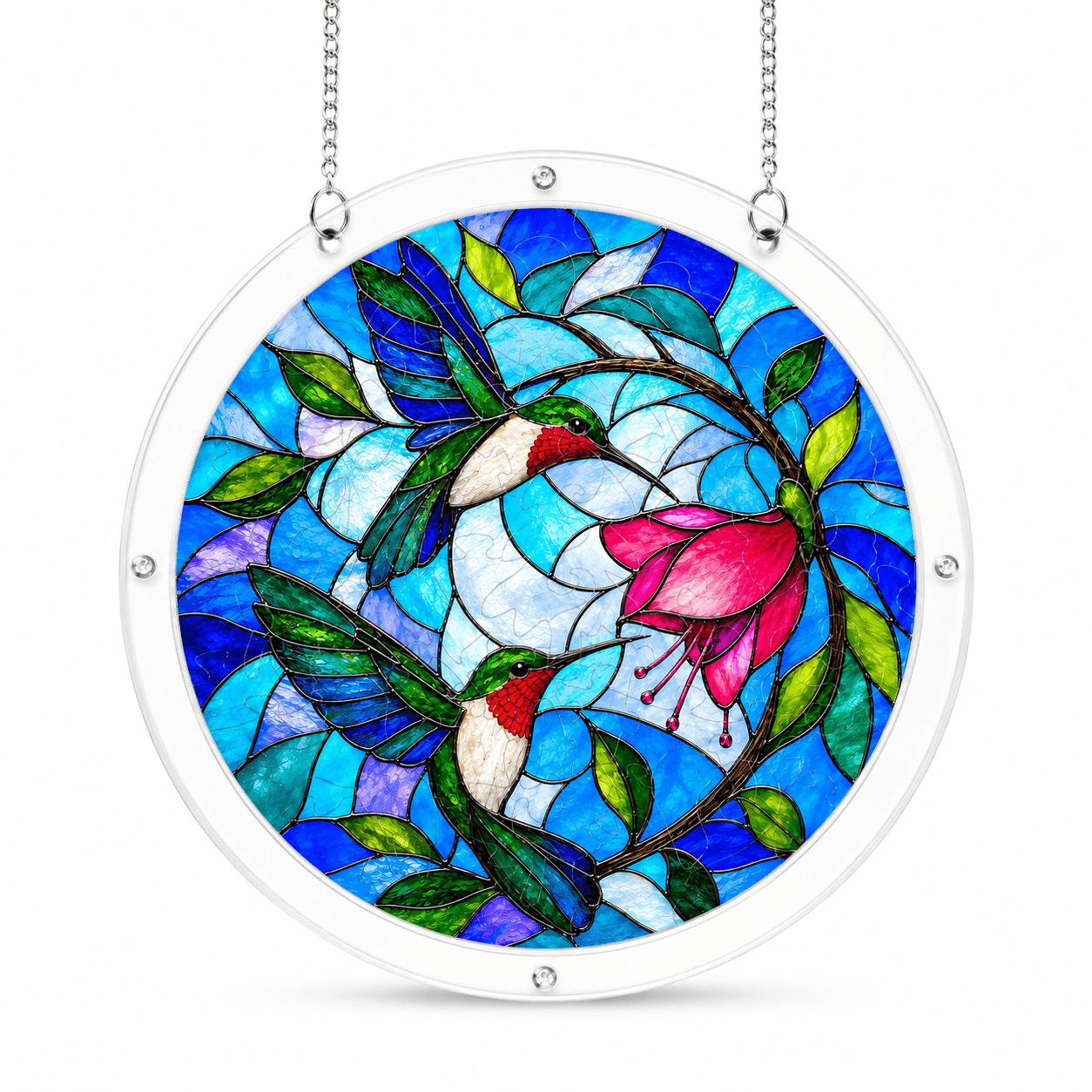 Round hummingbird flower acrylic puzzle suncatcher with clear frame and silver hanging chain on white background