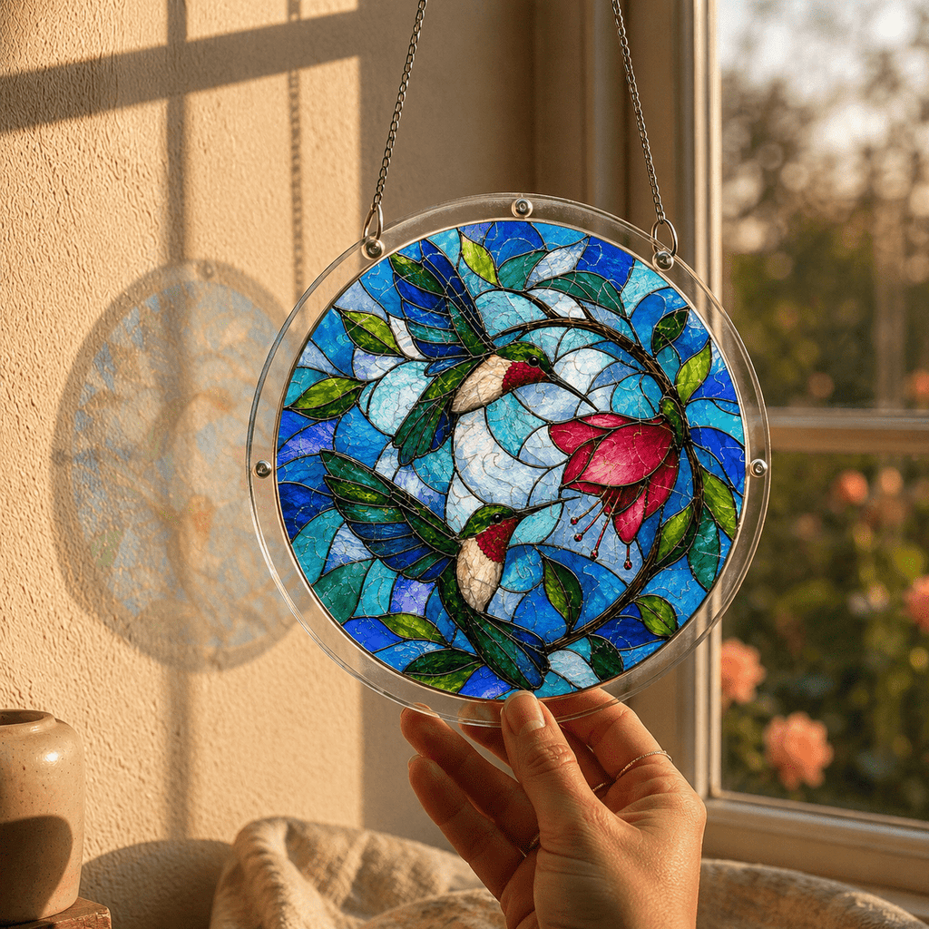 Hand holding a clear acrylic hummingbird flower puzzle suncatcher near a sunny window
