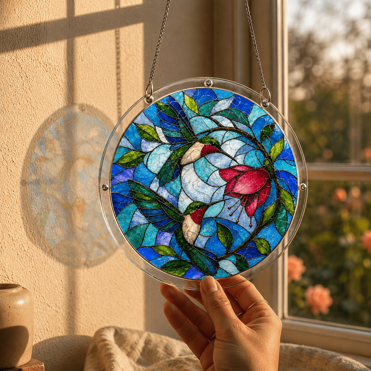 Hand holding a clear acrylic hummingbird flower puzzle suncatcher near a sunny window
