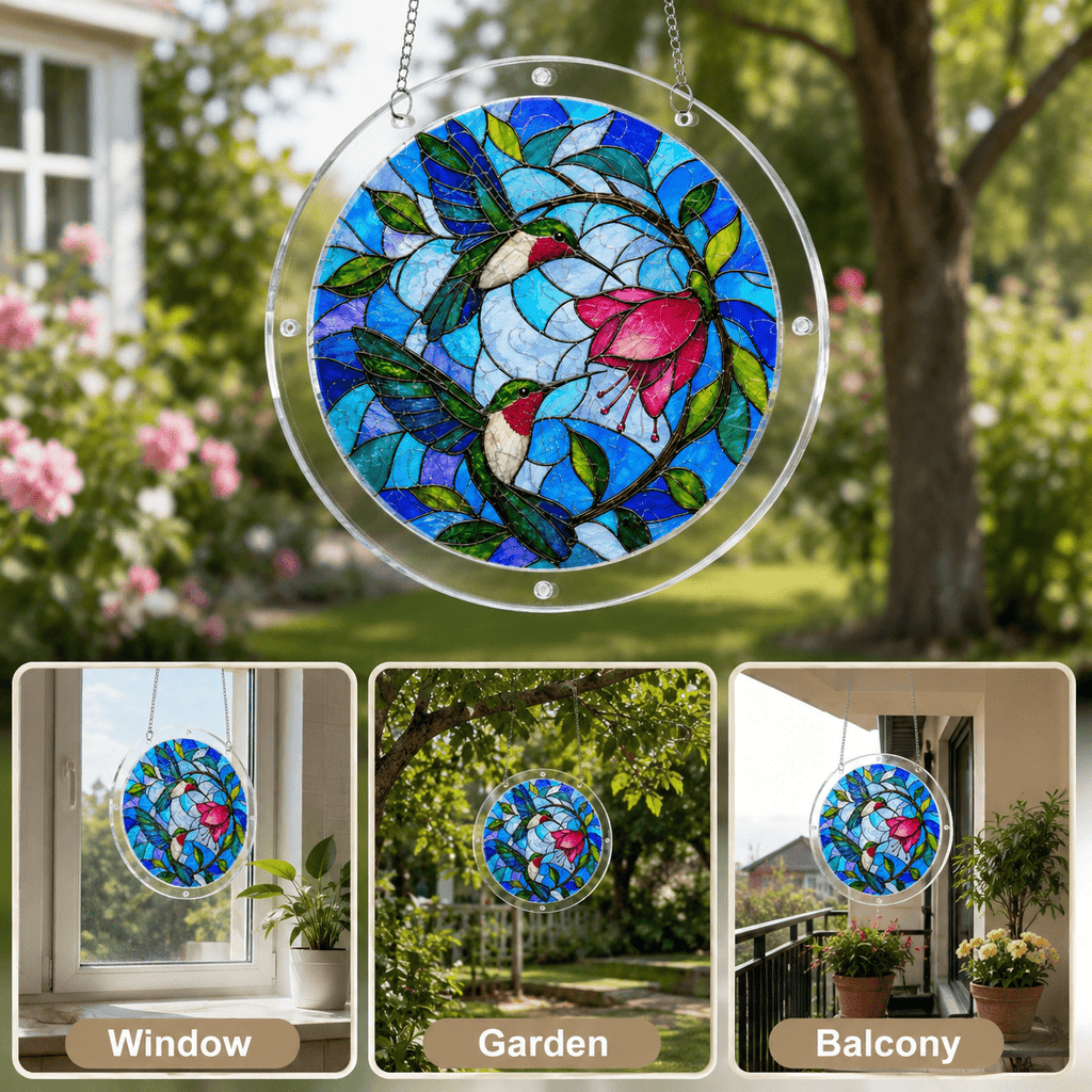 Hummingbird flower acrylic suncatcher displayed in window, garden, and balcony settings