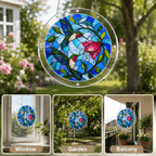 Hummingbird flower acrylic suncatcher displayed in window, garden, and balcony settings