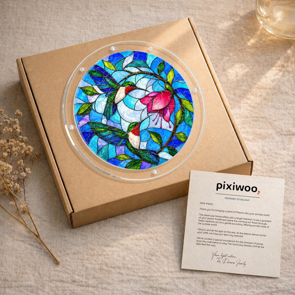 Gift-ready packaging for hummingbird flower acrylic jigsaw puzzle suncatcher with Pixiwoo card and kraft box