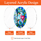 Layered acrylic design for hummingbird flower puzzle suncatcher with clear front panel, printed puzzle layer, and clear back panel