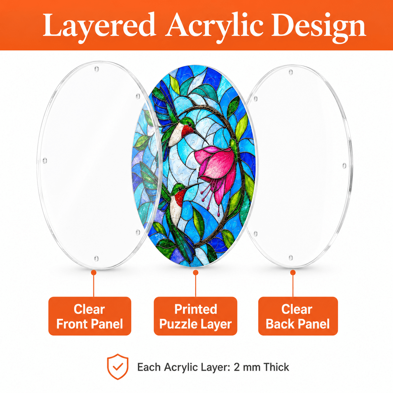 Layered acrylic design for hummingbird flower puzzle suncatcher with clear front panel, printed puzzle layer, and clear back panel