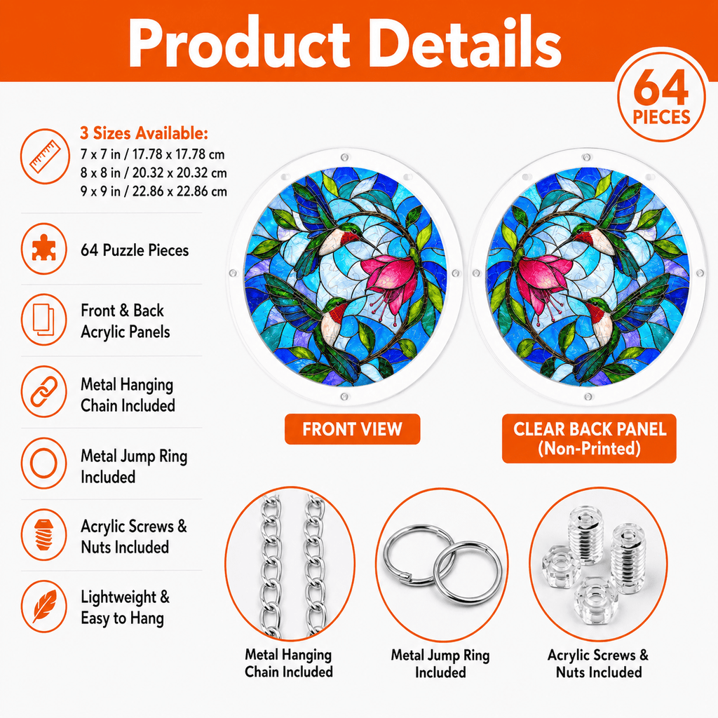 Product details for hummingbird flower acrylic jigsaw puzzle suncatcher showing sizes, 64 pieces, chain, jump rings, and screw sets