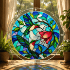 Hummingbird flower acrylic puzzle suncatcher hanging in warm sunlight as indoor window decor