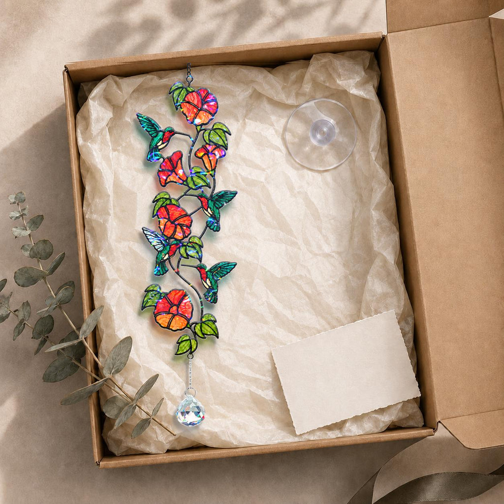 Hummingbird flowering vine holographic acrylic suncatcher displayed in a kraft gift box with tissue paper and adhesive hook.
