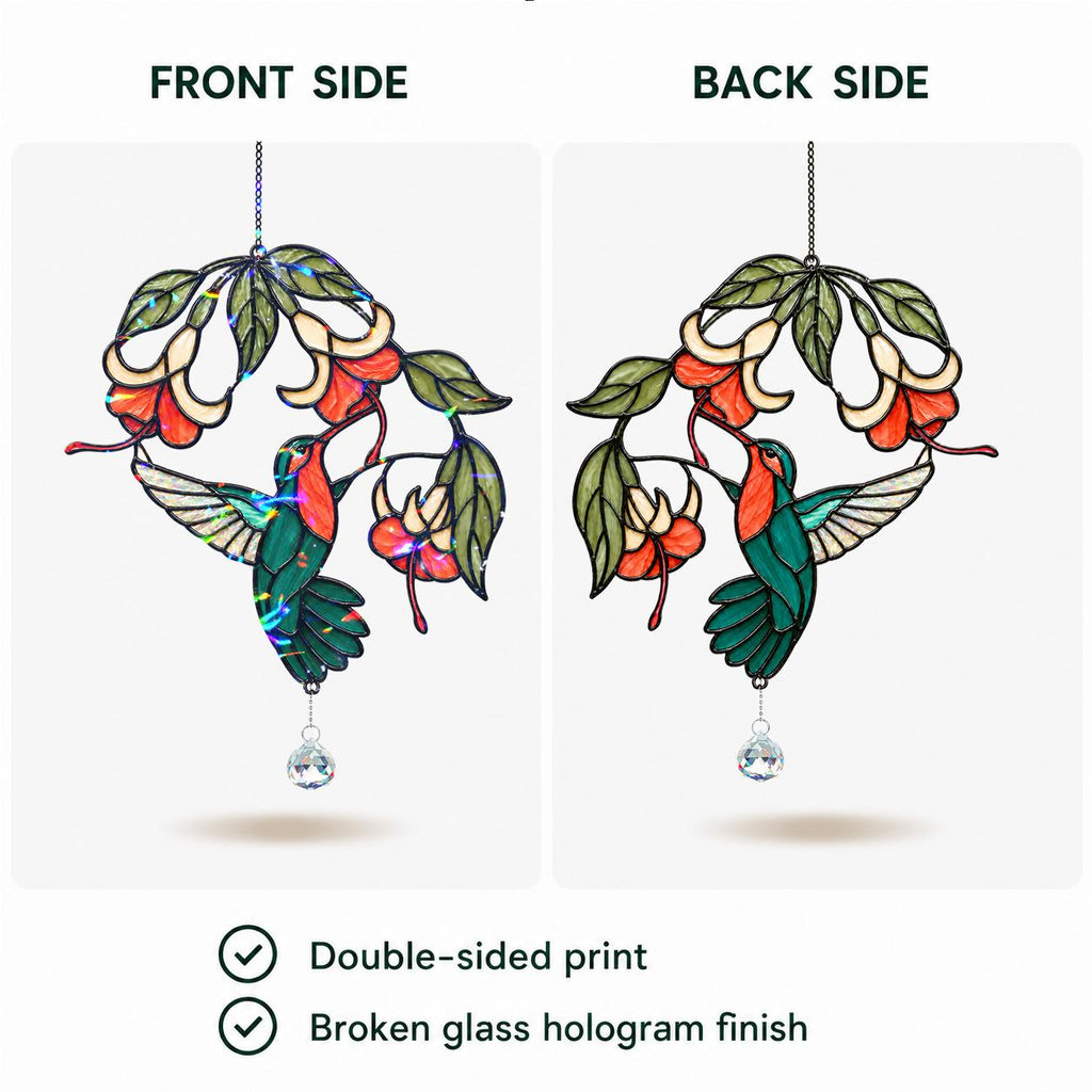 Front and back view of double-sided printed hummingbird fuchsia flower holographic acrylic suncatcher.
