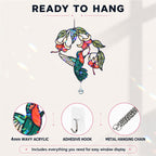 Ready to hang details for hummingbird fuchsia flower acrylic suncatcher with 4mm wavy acrylic, adhesive hook, and metal hanging chain.
