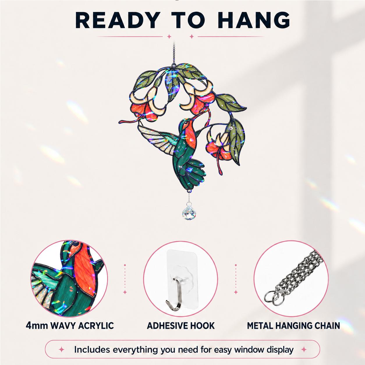Ready to hang details for hummingbird fuchsia flower acrylic suncatcher with 4mm wavy acrylic, adhesive hook, and metal hanging chain.
