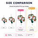 Size comparison chart for hummingbird fuchsia flower holographic acrylic suncatcher in 6, 8, 10, and 12 inch sizes.
