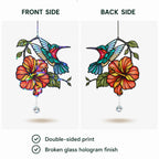 Front and back view of double-sided printed hummingbird hibiscus holographic acrylic suncatcher.
