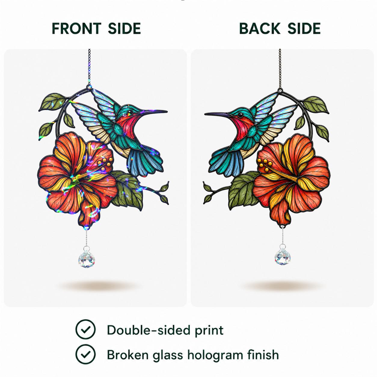 Front and back view of double-sided printed hummingbird hibiscus holographic acrylic suncatcher.
