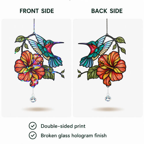 Front and back view of double-sided printed hummingbird hibiscus holographic acrylic suncatcher.
