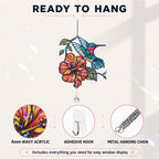 Ready to hang details for hummingbird hibiscus acrylic suncatcher with 4mm wavy acrylic, adhesive hook, and metal hanging chain.
