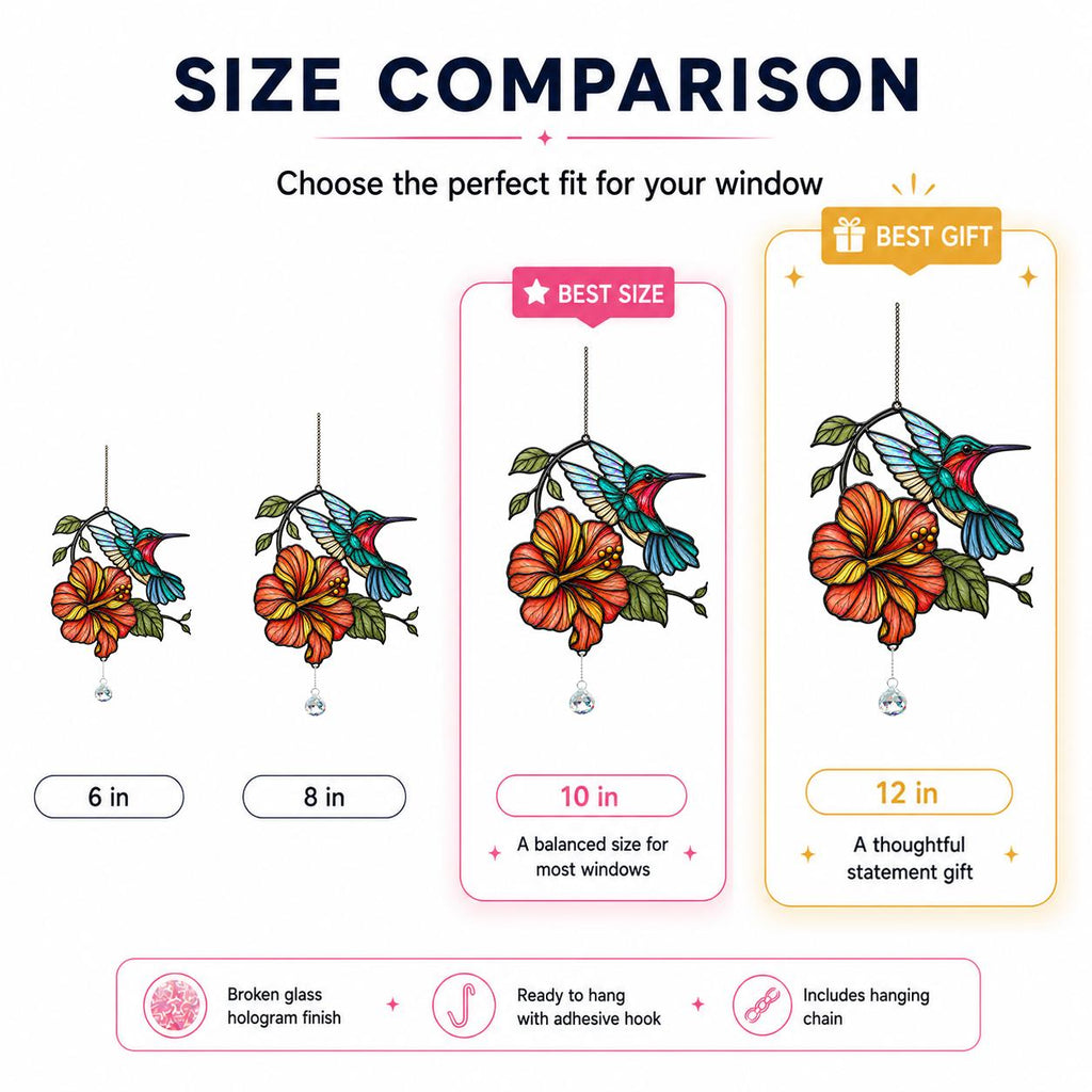 Size comparison chart for hummingbird hibiscus holographic acrylic suncatcher in 6, 8, 10, and 12 inch sizes.
