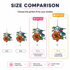 Size comparison chart for hummingbird hibiscus holographic acrylic suncatcher in 6, 8, 10, and 12 inch sizes.
