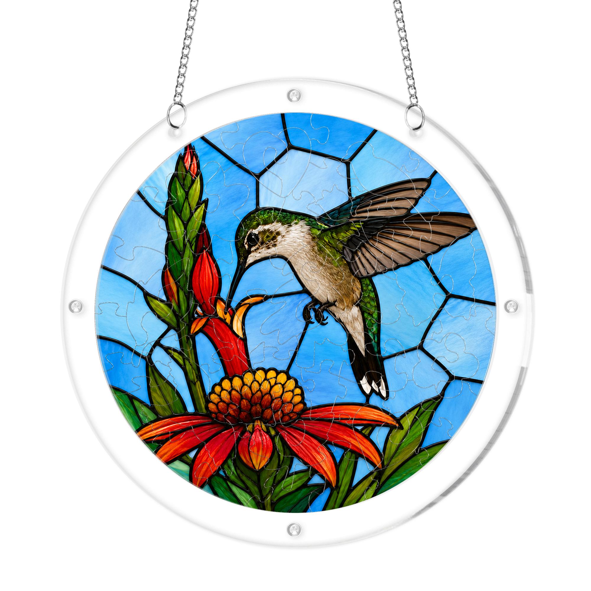 Hummingbird pink flower acrylic jigsaw puzzle suncatcher on white background