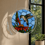 Hummingbird pink flower acrylic jigsaw puzzle suncatcher hanging by a sunny window