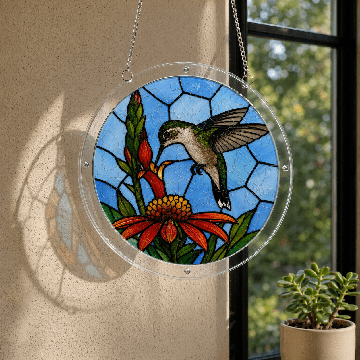 Hummingbird pink flower acrylic jigsaw puzzle suncatcher hanging by a sunny window
