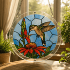 Close-up of hummingbird pink flower acrylic puzzle suncatcher hanging in sunlight