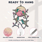 Ready to hang detail image of the Hummingbird Pink Moon acrylic suncatcher showing 4mm wavy acrylic, adhesive hook, and metal hanging chain
