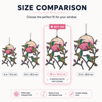 Size comparison chart for the Hummingbird Pink Moon acrylic suncatcher showing 6 in, 8 in, 10 in, and 12 in options, with 10 in highlighted as the best size for most windows