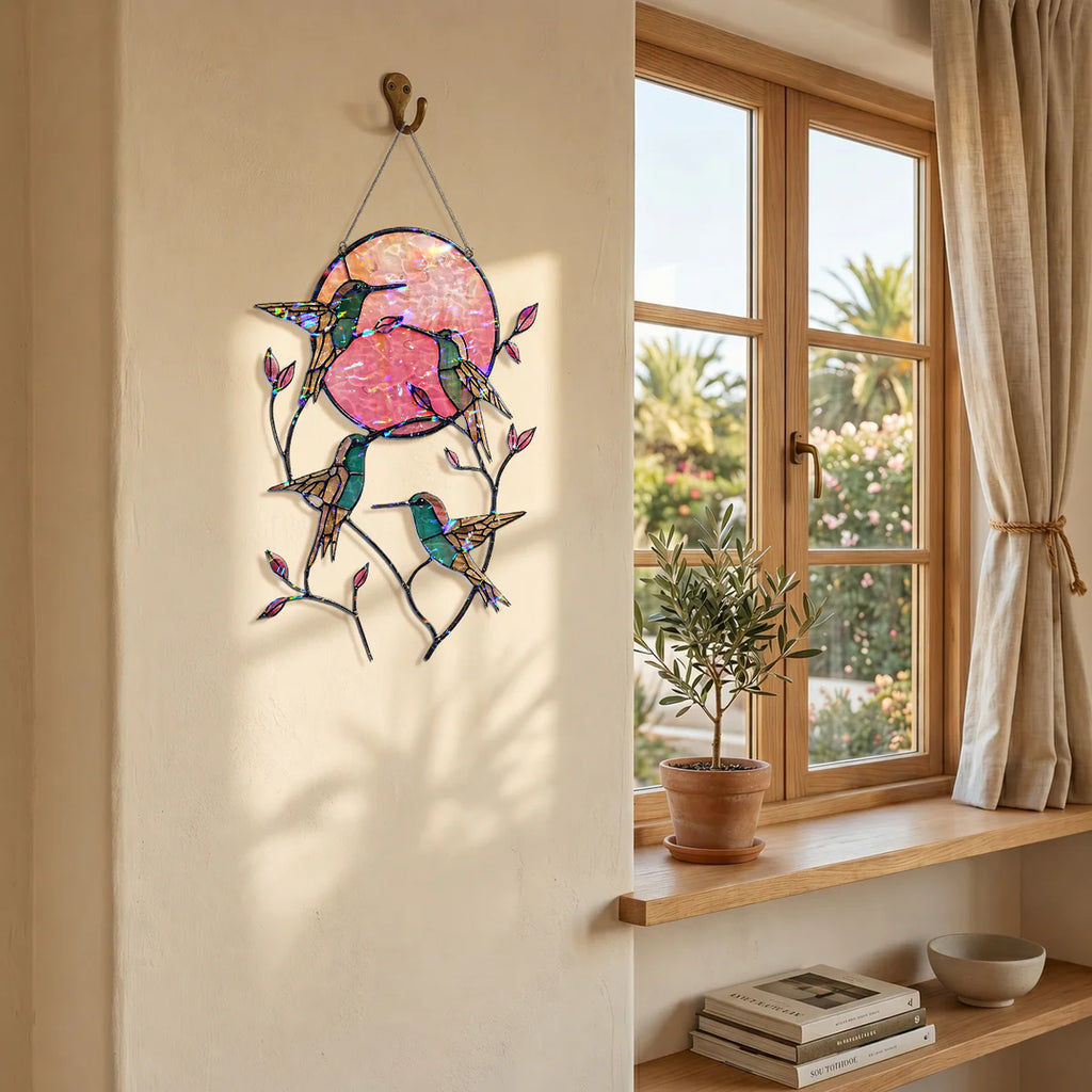 Pink moon hummingbird acrylic suncatcher wall decor in cozy home