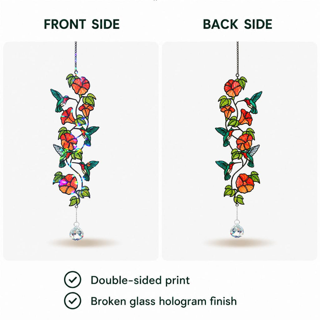 Front and back view of double-sided printed hummingbird flowering vine holographic acrylic suncatcher.
