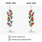 Front and back view of double-sided printed hummingbird flowering vine holographic acrylic suncatcher.
