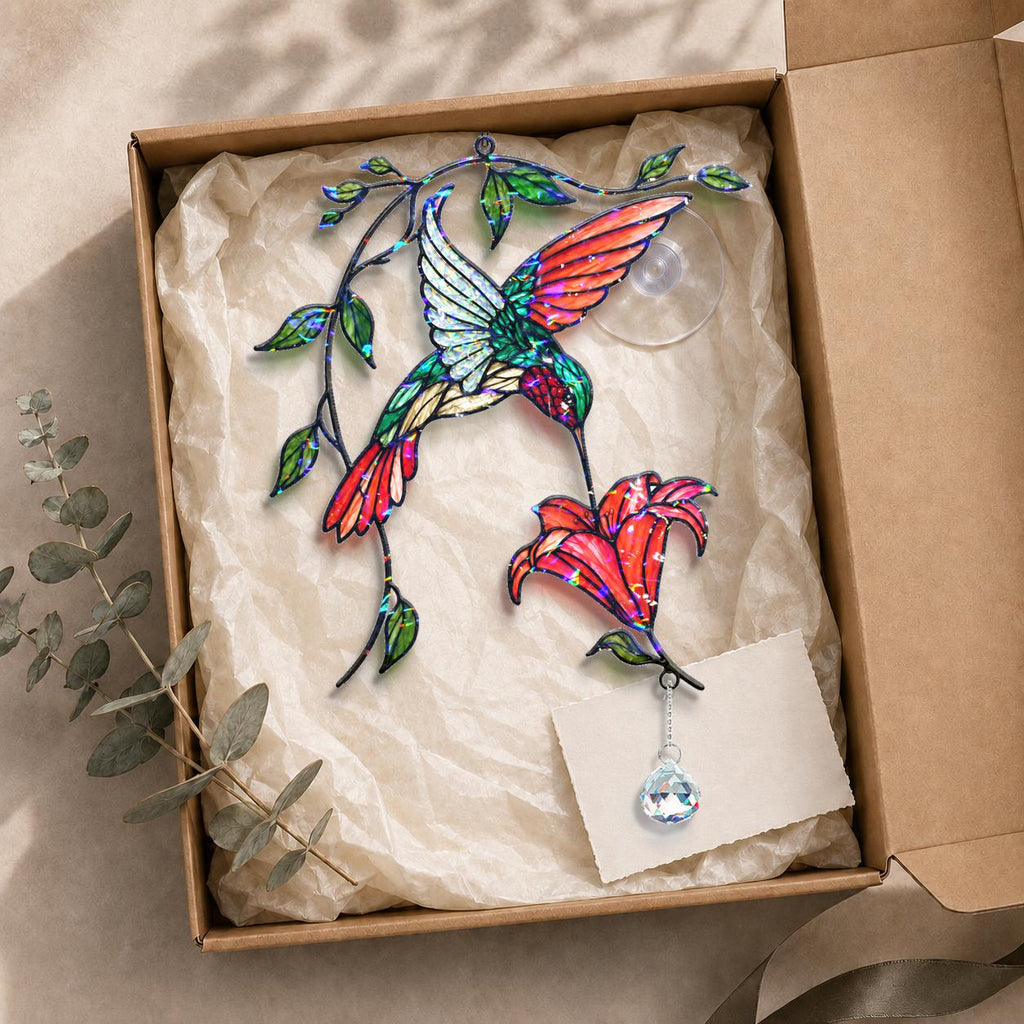 Hummingbird flower holographic acrylic suncatcher displayed in a kraft gift box with tissue paper.