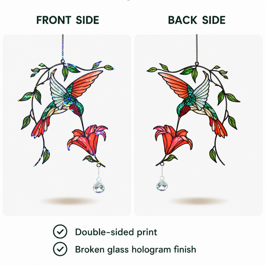 Hand holding hummingbird flower holographic acrylic suncatcher against a white wall for size reference.