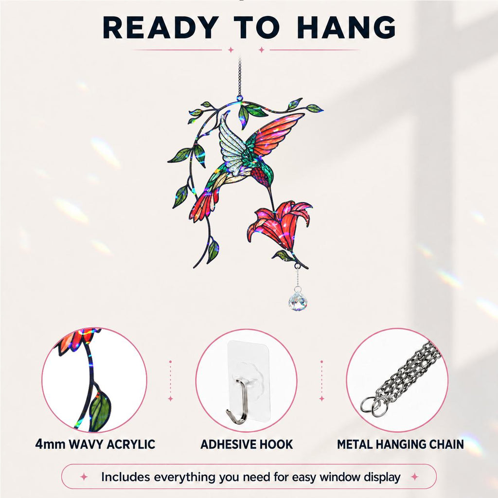 Ready to hang hummingbird acrylic suncatcher with 4mm wavy acrylic, adhesive hook, and metal hanging chain details.