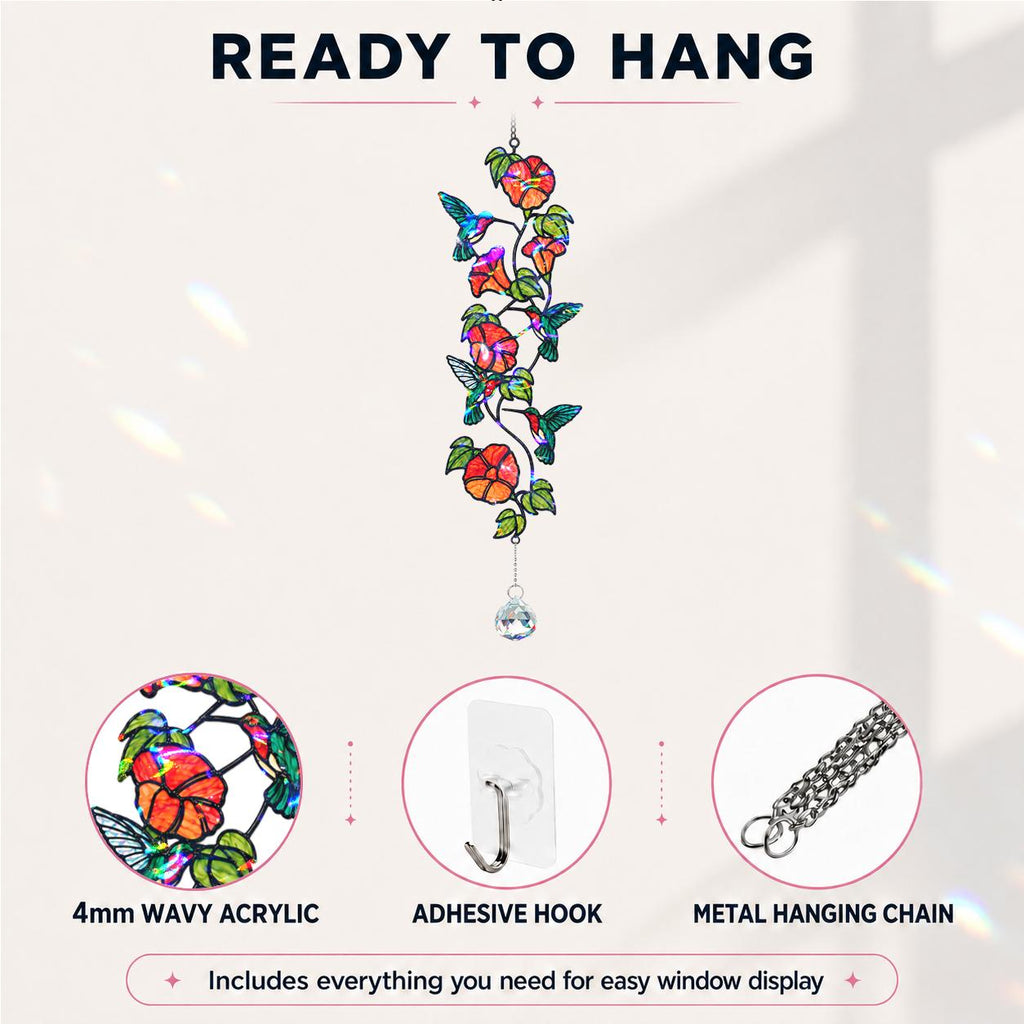Ready to hang details for hummingbird flowering vine acrylic suncatcher with 4mm wavy acrylic, adhesive hook, and metal hanging chain.

