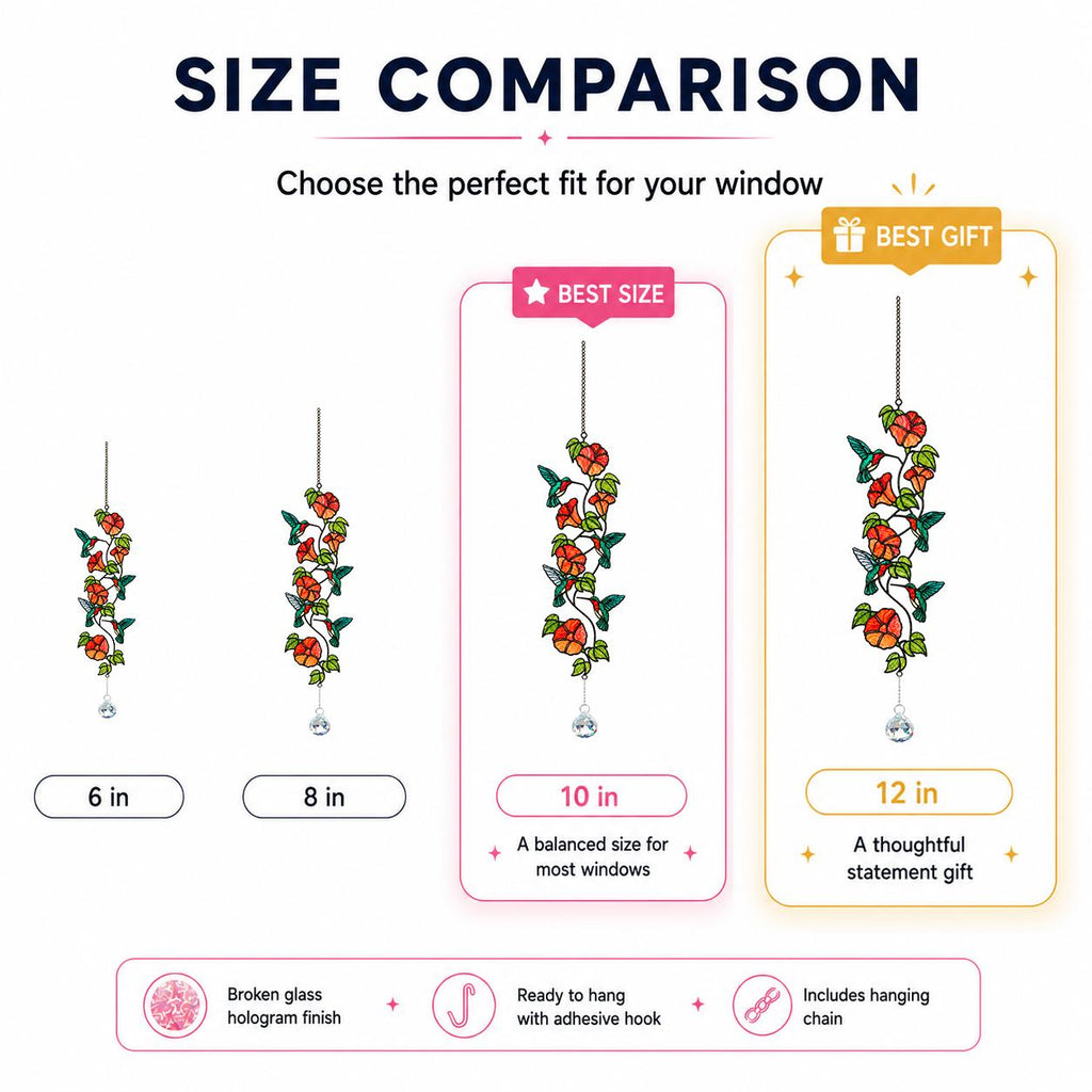 Size comparison chart for hummingbird flowering vine holographic acrylic suncatcher in 6, 8, 10, and 12 inch sizes.
