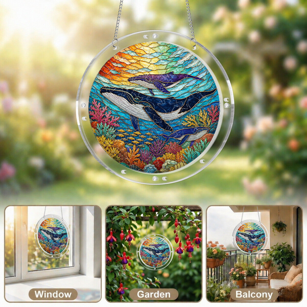 Humpback whale acrylic puzzle suncatcher, colorful DIY ocean window decor