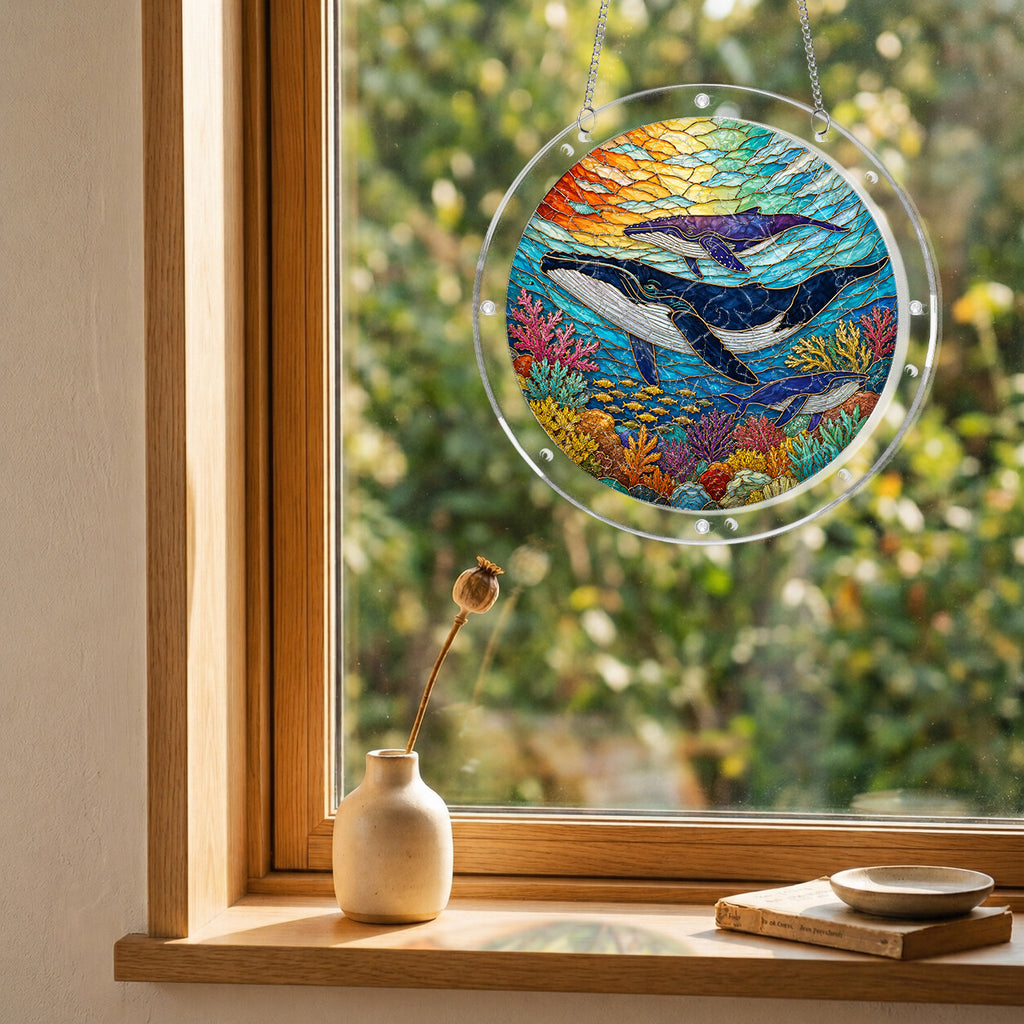 Humpback whale acrylic puzzle suncatcher, colorful DIY ocean window decor