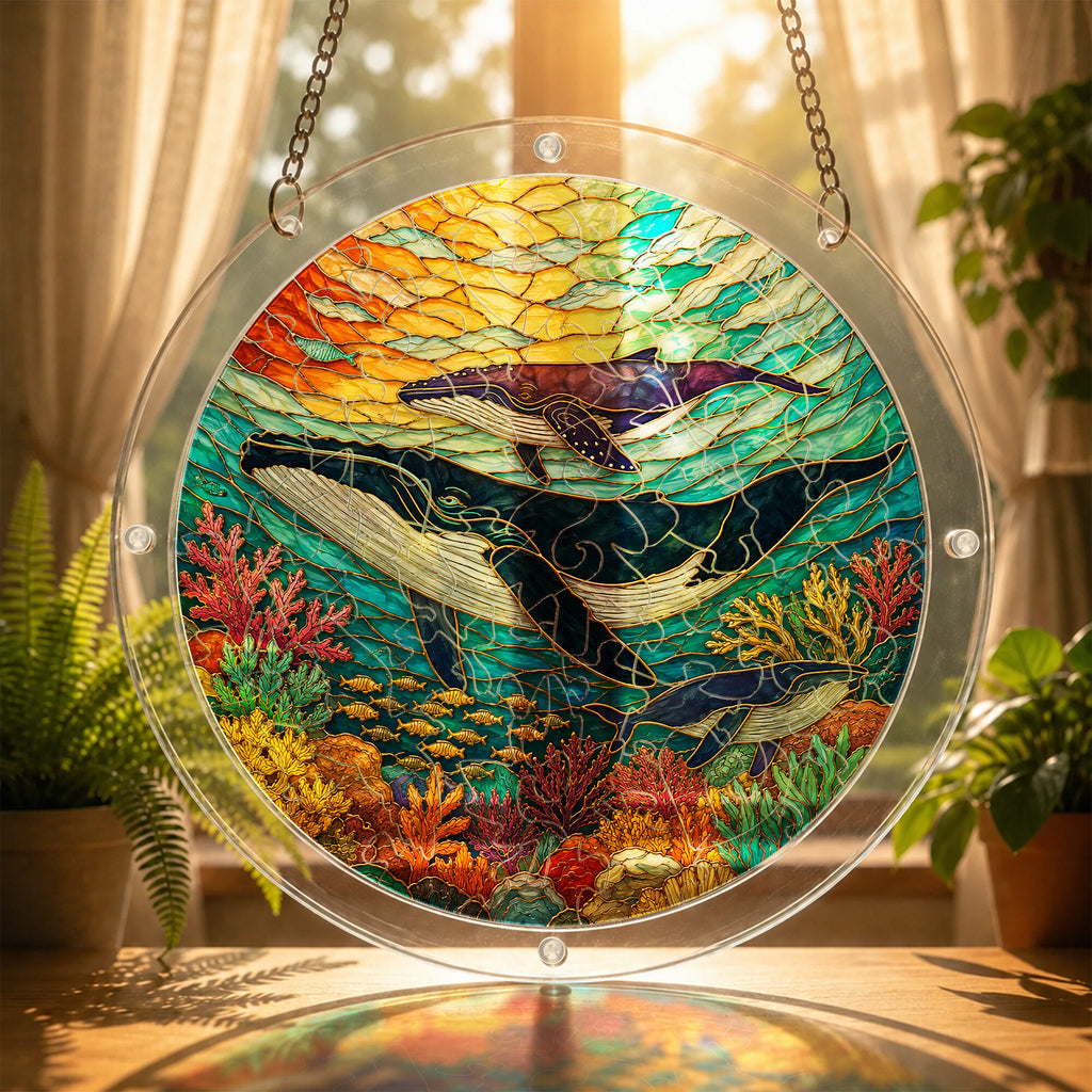 Humpback whale acrylic puzzle suncatcher, colorful DIY ocean window decor