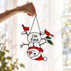 I'm Fine Upside-Down Snowman & Cardinals Holographic Acrylic Suncatcher