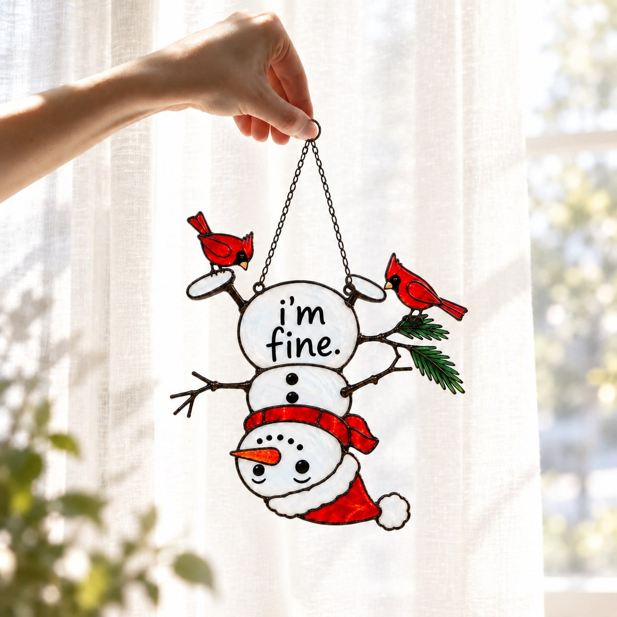 I'm Fine Upside-Down Snowman & Cardinals Holographic Acrylic Suncatcher