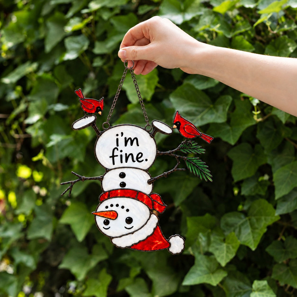I'm Fine Upside-Down Snowman & Cardinals Holographic Acrylic Suncatcher