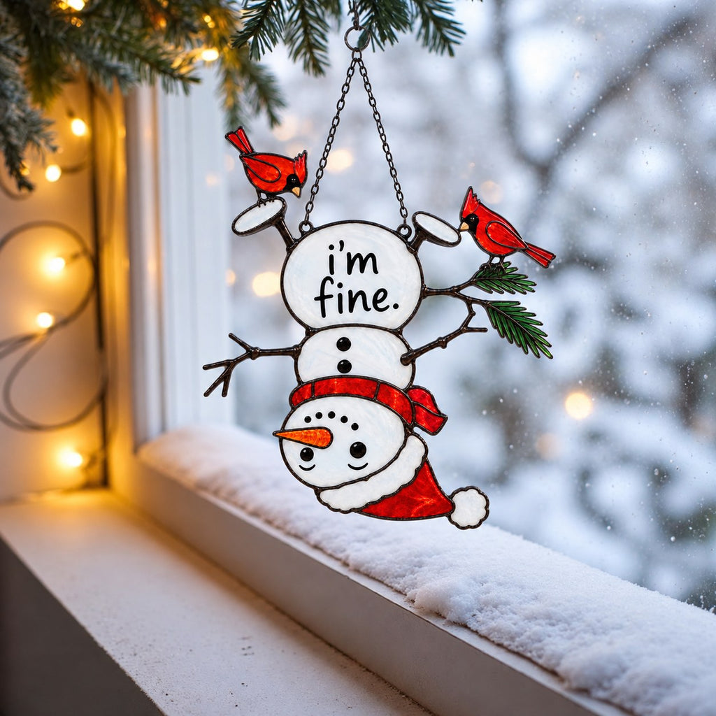 I'm Fine Upside-Down Snowman & Cardinals Holographic Acrylic Suncatcher