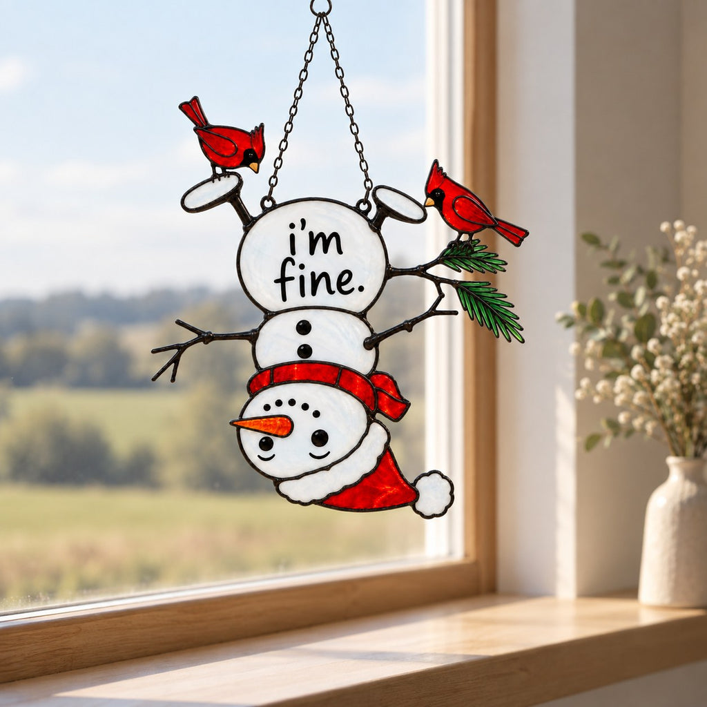 I'm Fine Upside-Down Snowman & Cardinals Holographic Acrylic Suncatcher