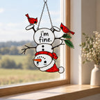 I'm Fine Upside-Down Snowman & Cardinals Holographic Acrylic Suncatcher