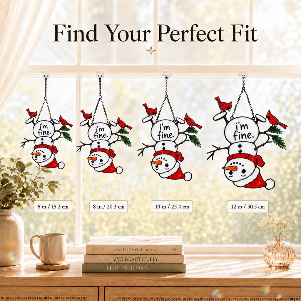 I'm Fine Upside-Down Snowman & Cardinals Holographic Acrylic Suncatcher