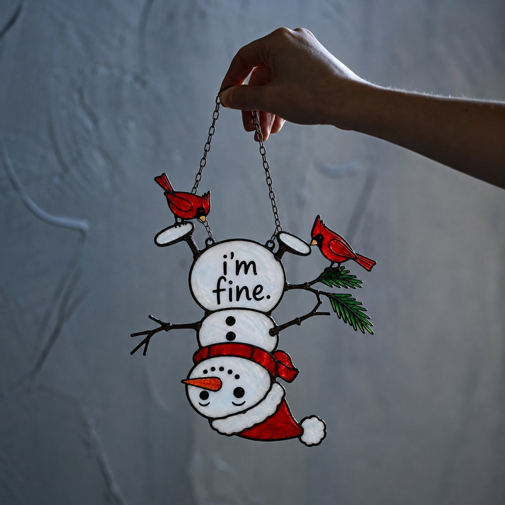 I'm Fine Upside-Down Snowman & Cardinals Holographic Acrylic Suncatcher