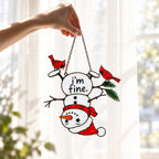 I'm Fine Upside-Down Snowman & Cardinals Holographic Acrylic Suncatcher