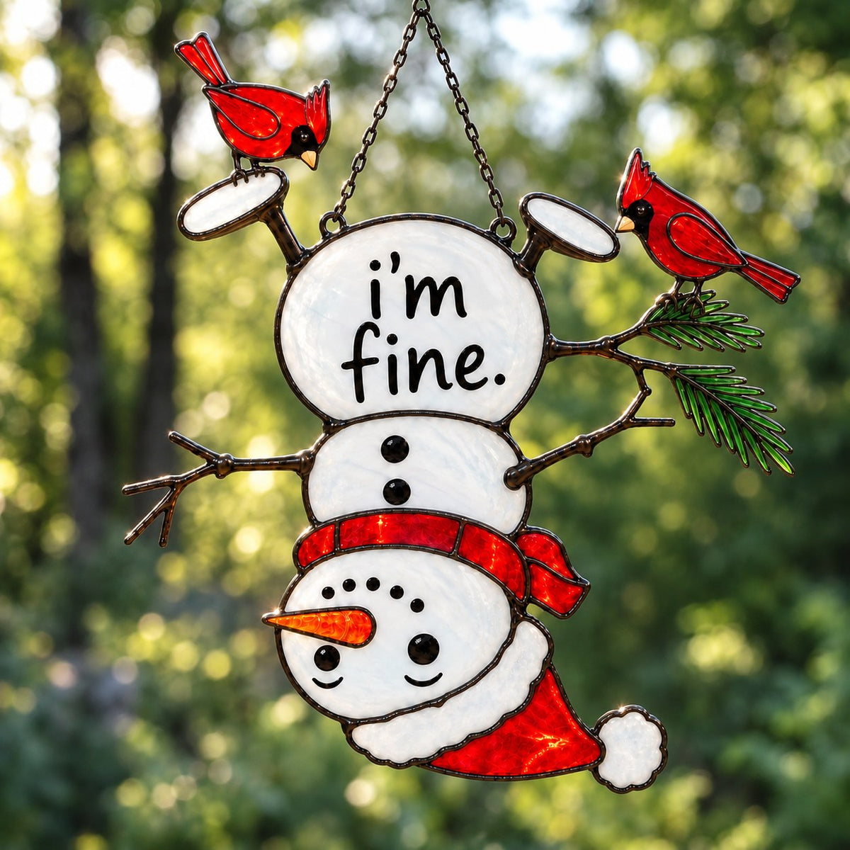 I'm Fine Upside-Down Snowman & Cardinals Holographic Acrylic Suncatcher